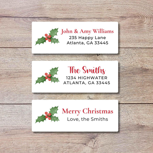 Personalized Holly Berries Christmas Return Address Stickers, Custom Holiday Name Gift Bag Labels