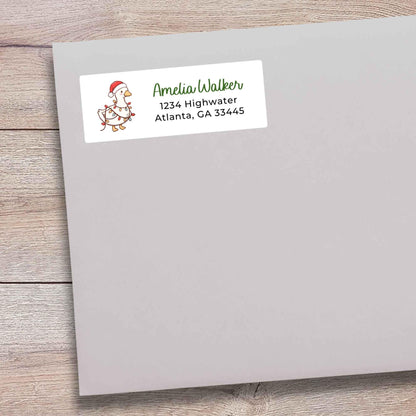 Personalized Christmas Goose and Lights Return Address Stickers, Custom Holiday Name Gift Bag Labels