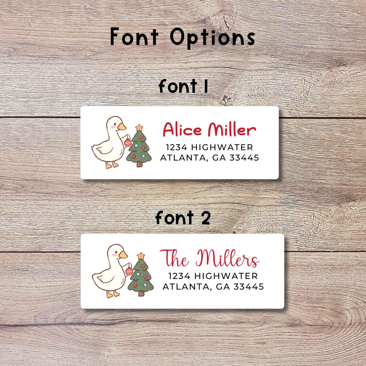 Personalized Goose and Christmas Tree Return Address Stickers, Custom Holiday Name Gift Bag Labels