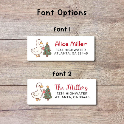 Personalized Goose and Christmas Tree Return Address Stickers, Custom Holiday Name Gift Bag Labels