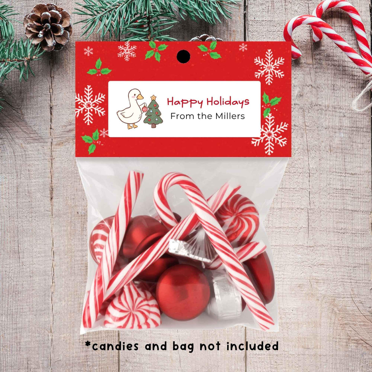Personalized Goose and Christmas Tree Return Address Stickers, Custom Holiday Name Gift Bag Labels