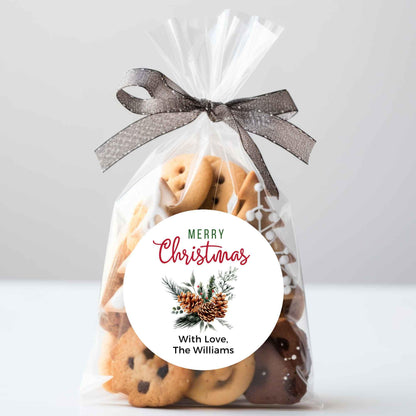 Merry Christmas Evergreen Pinecones Personalized Stickers, Custom Happy Holidays Name Labels for Gift Wrapping Party Favors