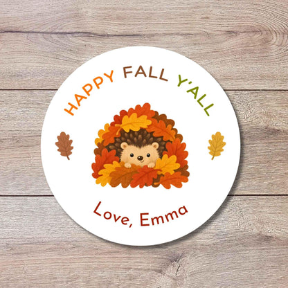 Happy Fall Y'all Hedgehog Personalized Stickers, Custom Fall Thanksgiving Autumn Thank You Gift Party Favor Invitation Envelope Seal