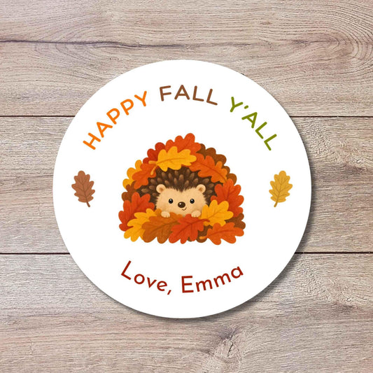 Happy Fall Y'all Hedgehog Personalized Stickers, Custom Fall Thanksgiving Autumn Thank You Gift Party Favor Invitation Envelope Seal