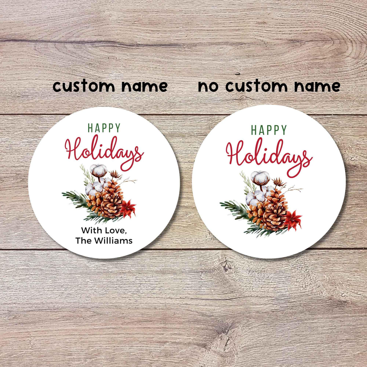 Merry Christmas Evergreen Pinecones Personalized Stickers, Custom Happy Holidays Name Labels for Gift Wrapping Party Favors