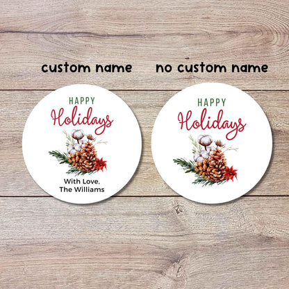 Merry Christmas Evergreen Pinecones Personalized Stickers, Custom Happy Holidays Name Labels for Gift Wrapping Party Favors