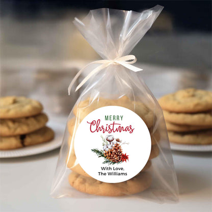 Merry Christmas Evergreen Pinecones Personalized Stickers, Custom Happy Holidays Name Labels for Gift Wrapping Party Favors