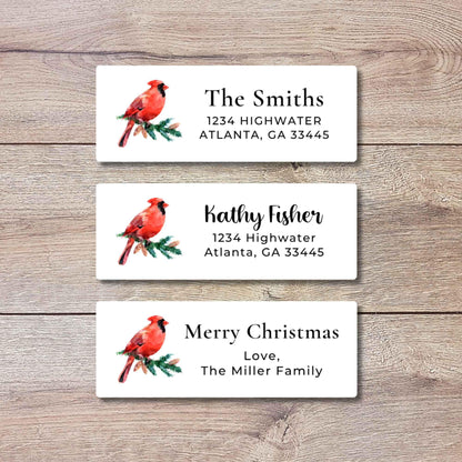 Personalized Red Cardinal Christmas Return Address Stickers, Custom Happy Holidays Name Gift Bag Labels