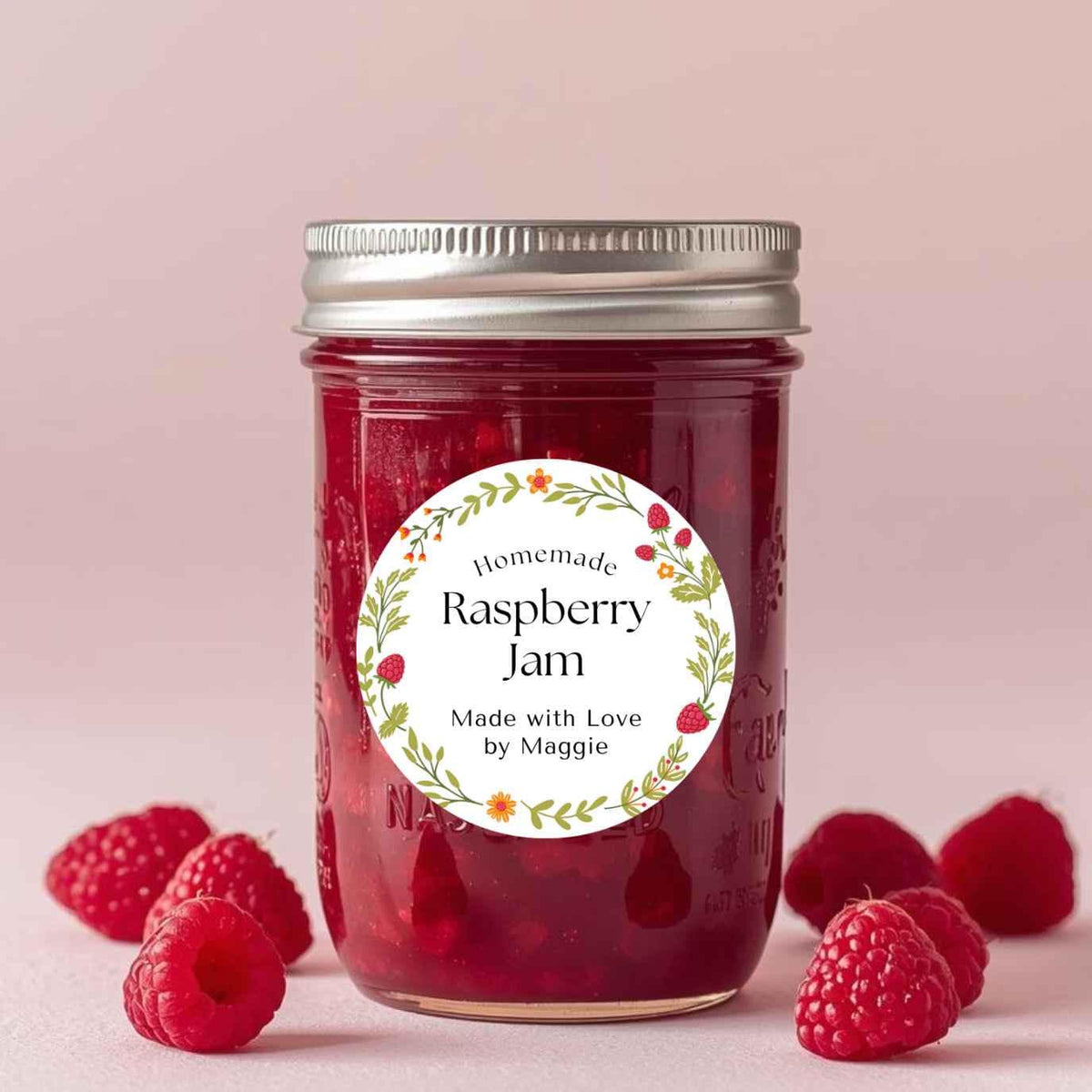 Personalized Raspberry Jam Stickers, Custom Homemade Puree Canning Mason Jar Lid Labels, Gifting Fruit Jam Preserves Labels