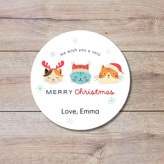 Have a Meowy Merry Christmas Personalized Holiday Stickers, Custom Festive Kitty Cats Gift Labels