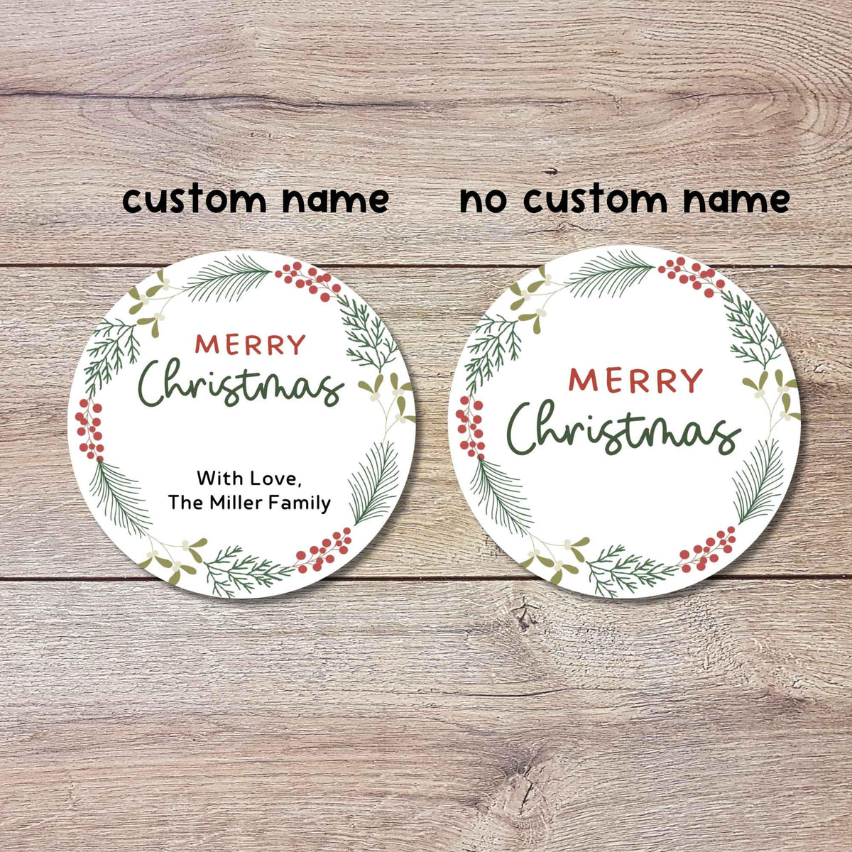 Personalized Christmas Wreath Stickers, Custom Happy Holidays Name Labels for Gift Wrapping Party Favors