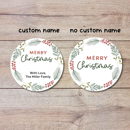 Personalized Christmas Wreath Stickers, Custom Happy Holidays Name Labels for Gift Wrapping Party Favors