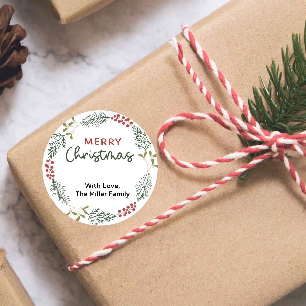 Personalized Christmas Wreath Stickers, Custom Happy Holidays Name Labels for Gift Wrapping Party Favors