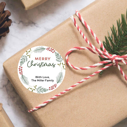 Personalized Christmas Wreath Stickers, Custom Happy Holidays Name Labels for Gift Wrapping Party Favors