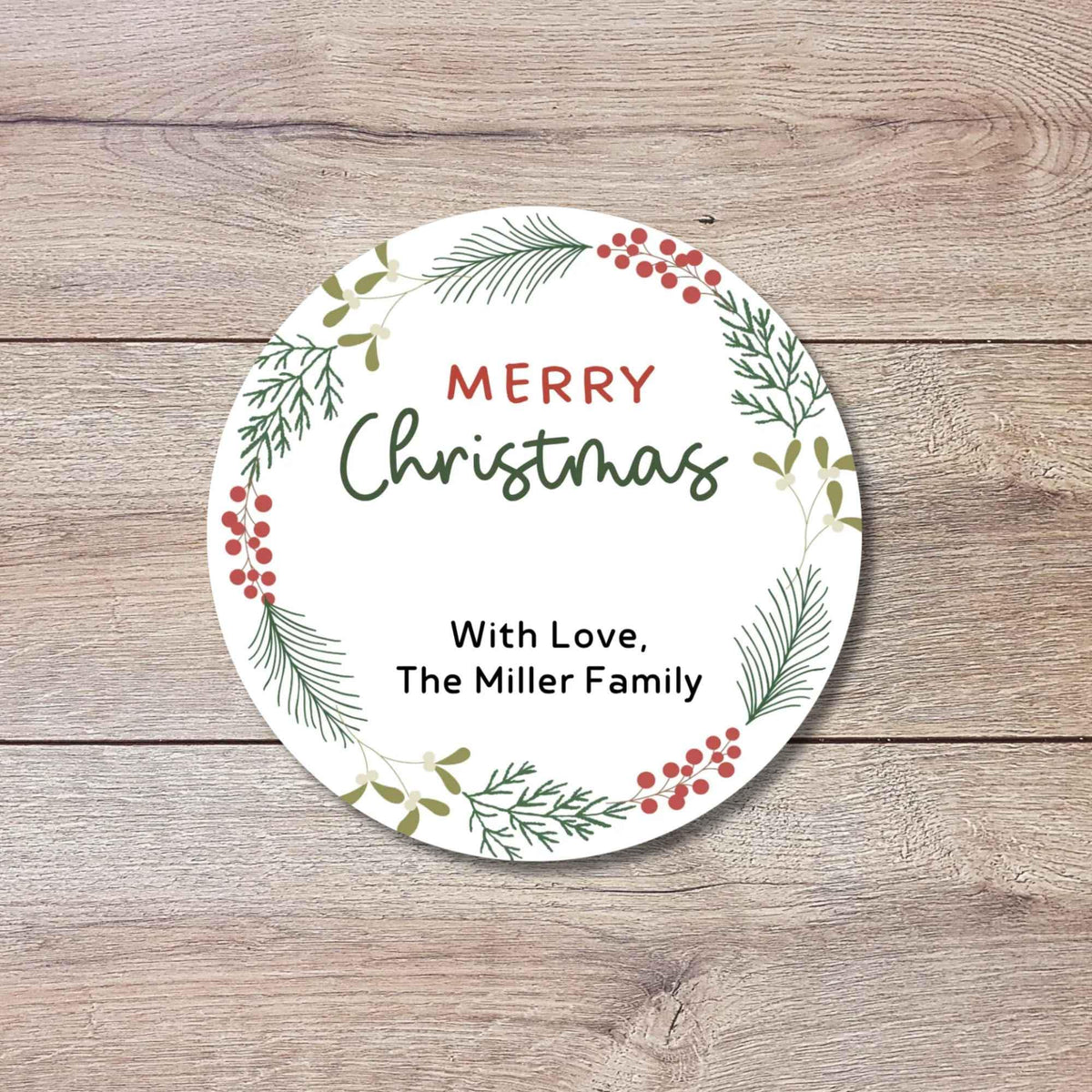 Personalized Christmas Wreath Stickers, Custom Happy Holidays Name Labels for Gift Wrapping Party Favors