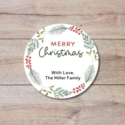 Personalized Christmas Wreath Stickers, Custom Happy Holidays Name Labels for Gift Wrapping Party Favors