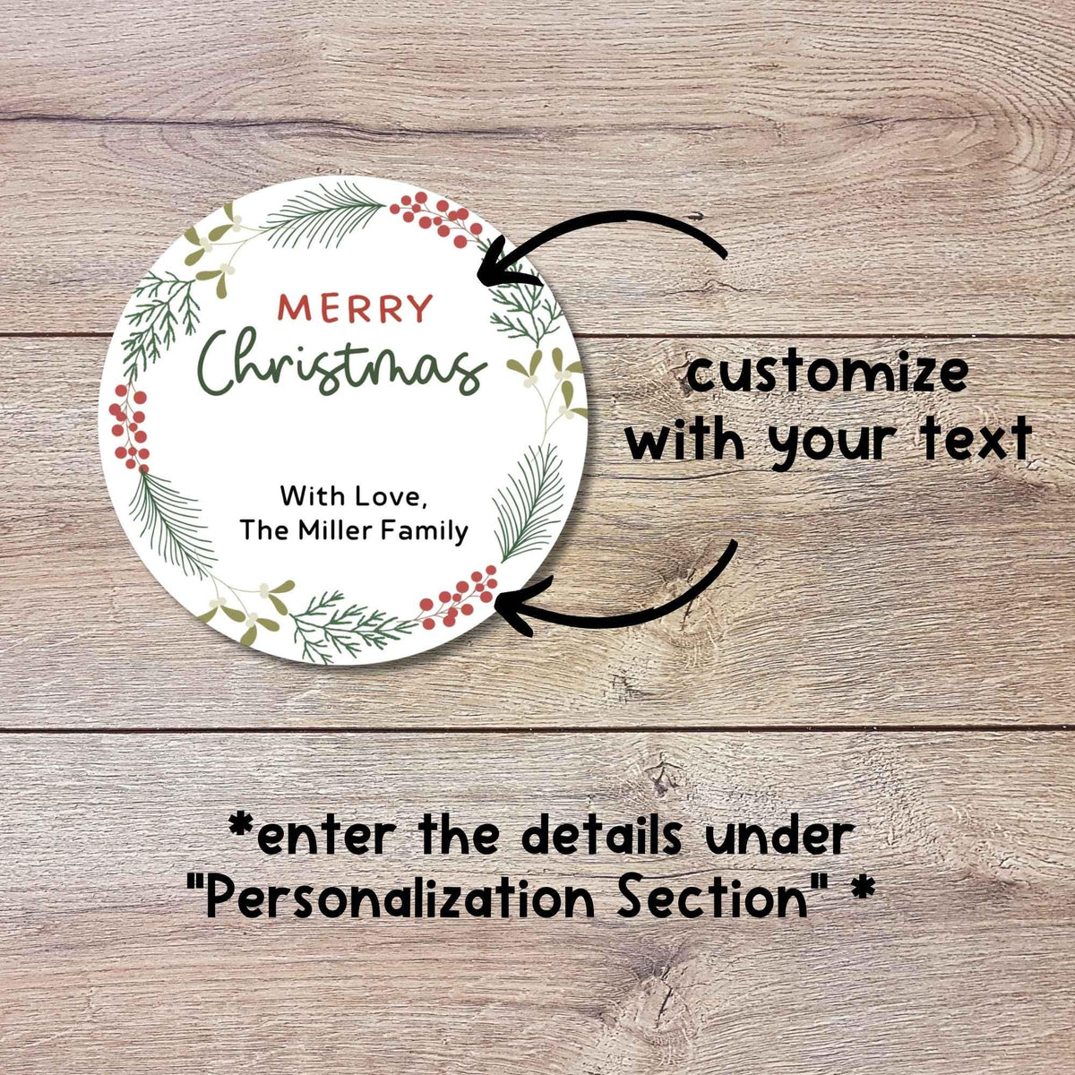 Personalized Christmas Wreath Stickers, Custom Happy Holidays Name Labels for Gift Wrapping Party Favors