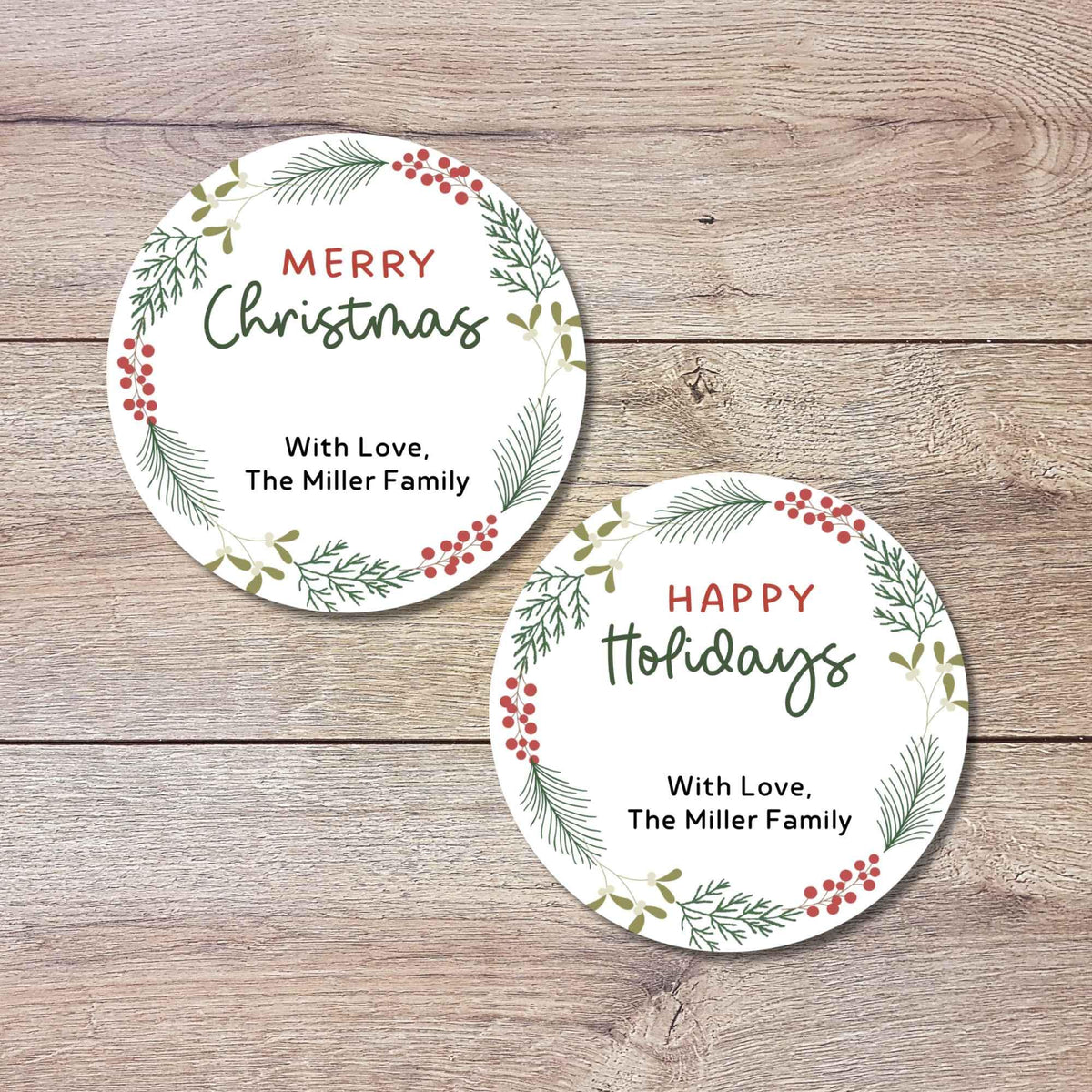 Personalized Christmas Wreath Stickers, Custom Happy Holidays Name Labels for Gift Wrapping Party Favors
