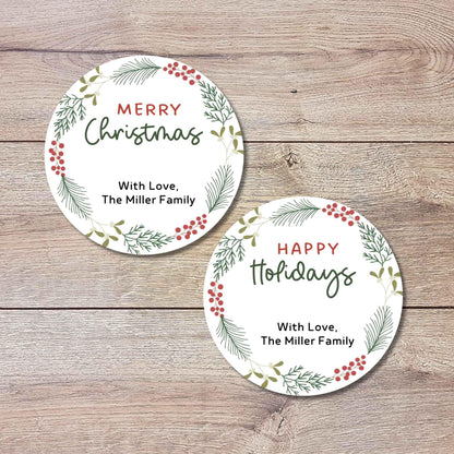 Personalized Christmas Wreath Stickers, Custom Happy Holidays Name Labels for Gift Wrapping Party Favors