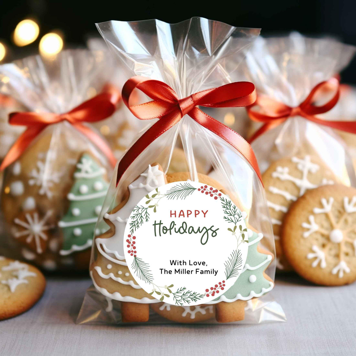 Personalized Christmas Wreath Stickers, Custom Happy Holidays Name Labels for Gift Wrapping Party Favors