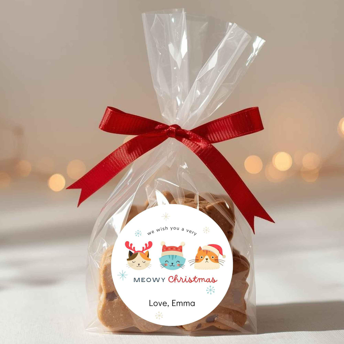 Have a Meowy Merry Christmas Personalized Holiday Stickers, Custom Festive Kitty Cats Gift Labels