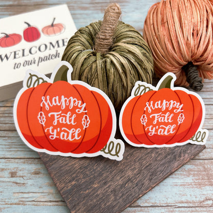 Happy Fall Y'all Vinyl Sticker, Glossy Finish, Pumpkin Autumn Fall Season Sticker, Cozy Thanksgiving, Fall Lover Laptop Vinyl Sticker