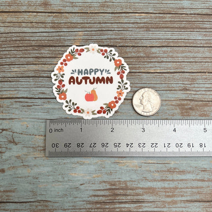 Happy Autumn Vinyl Sticker, Glossy Finish, Fall Autumn Season Sticker, Cozy Winter Weather Sticker, Fall Waterproof Laptop Vinyl Sticker