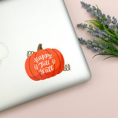 Happy Fall Y'all Vinyl Sticker, Glossy Finish, Pumpkin Autumn Fall Season Sticker, Cozy Thanksgiving, Fall Lover Laptop Vinyl Sticker