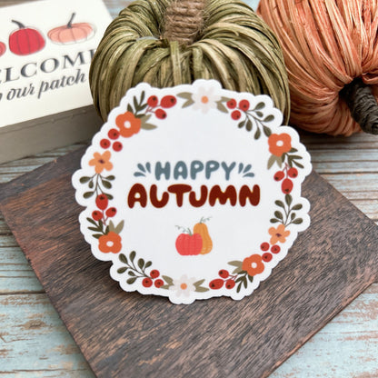 Happy Autumn Vinyl Sticker, Glossy Finish, Fall Autumn Season Sticker, Cozy Winter Weather Sticker, Fall Waterproof Laptop Vinyl Sticker